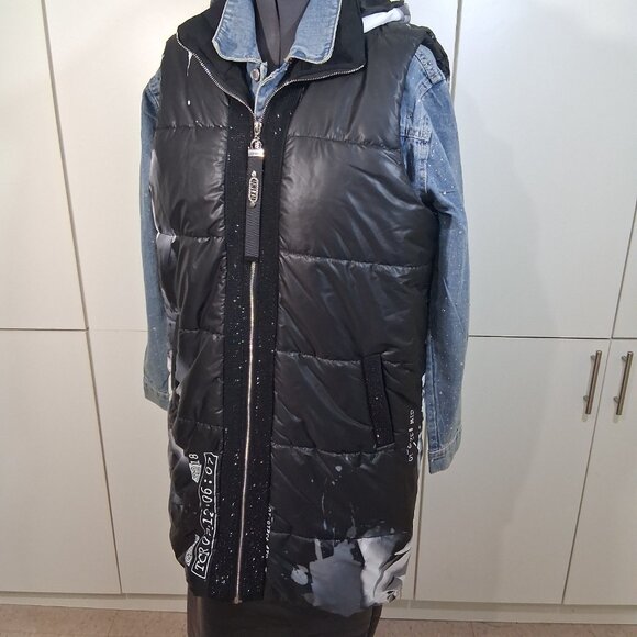 Black White Rose with Crystals Hooded Puffer Vest XL - Picture 12 of 15